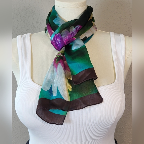 HARVE BENARD Elegant Teal Floral Silk Scarf - 53 x 10 (NWT) - Picture 2 of 8
